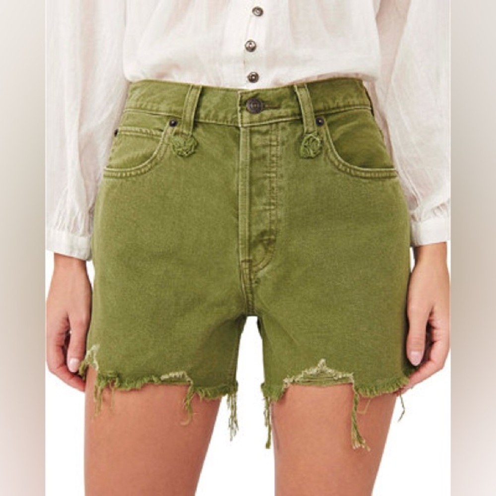 Free People Green Denim Distressed Cut off Shorts